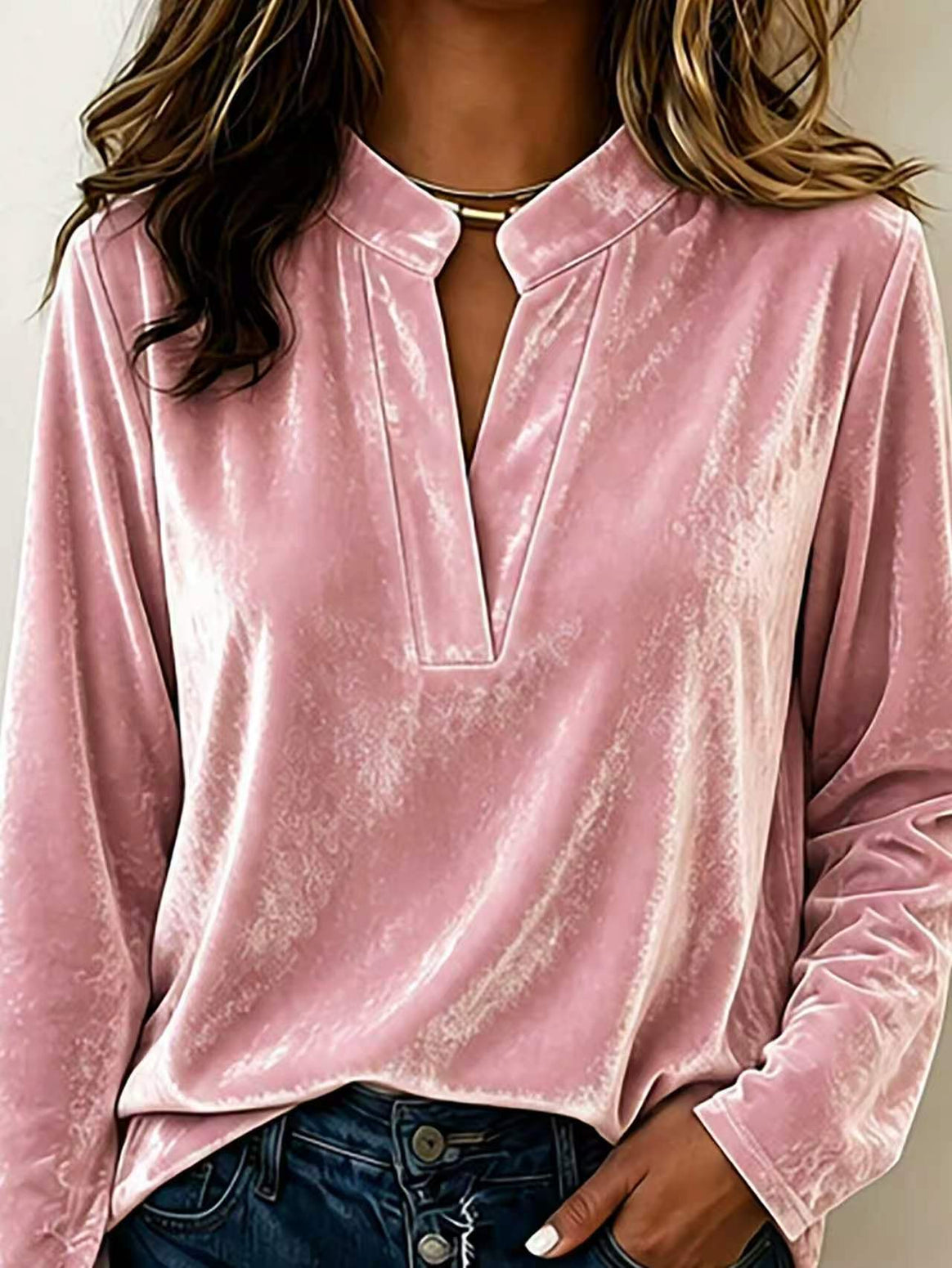 Women's velvet blouse with stand-up collar, deep V-neck and loose long sleeve cut Mune Fashion