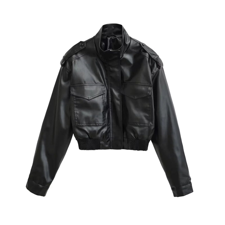 Women's cropped field bomber jacket in military look with stand-up collar, shoulder flaps and fitted ribbed waistband Mune Fashion