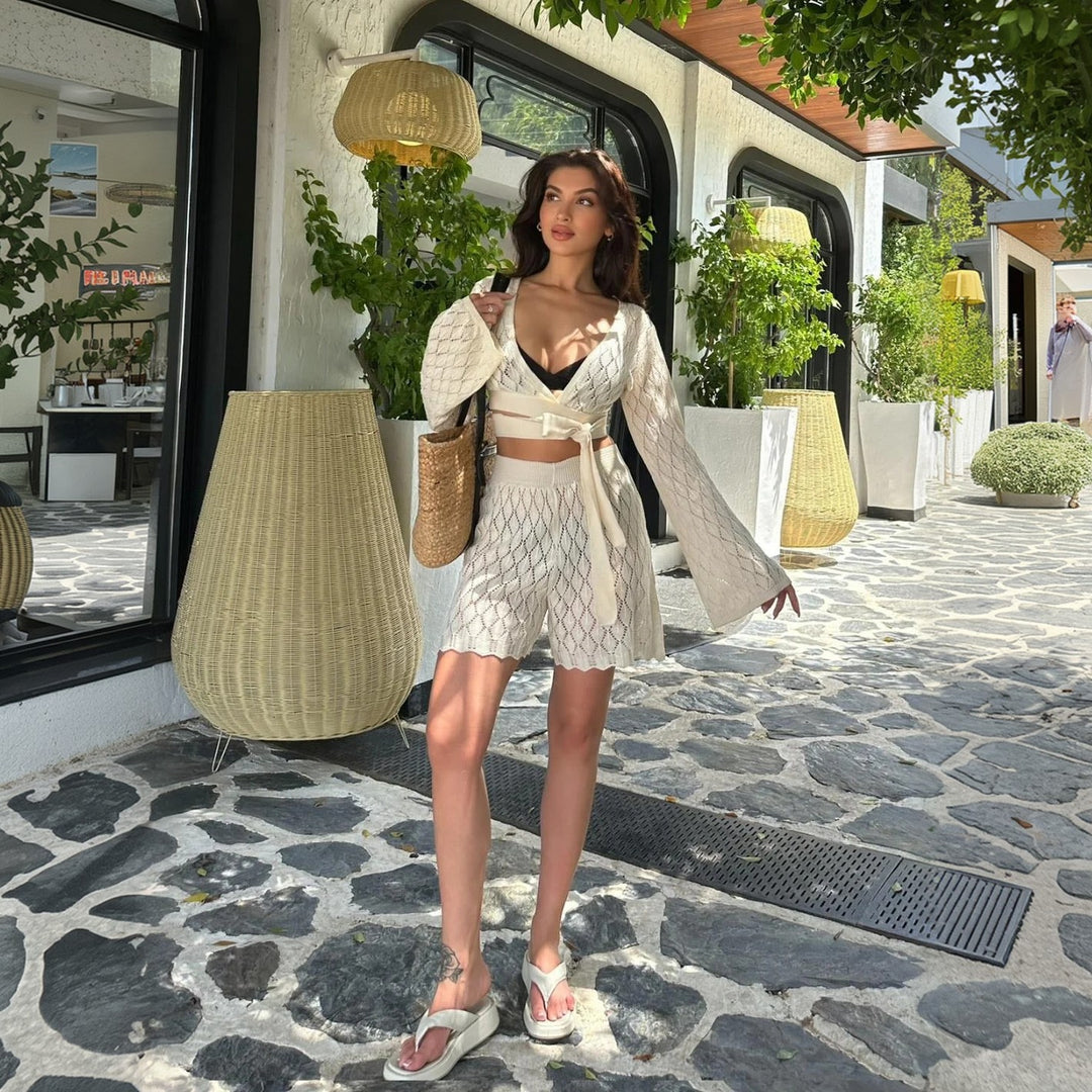 Women's airy beach set with deep V-neck and tie belt Mune Fashion