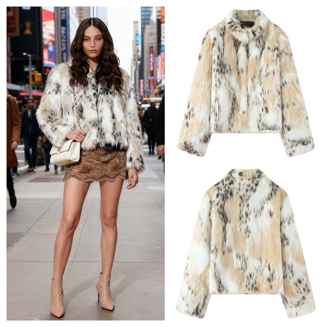 Women's Cropped Faux Fur Jacket with Multicolored Spot Design and Stand Collar Mune Fashion