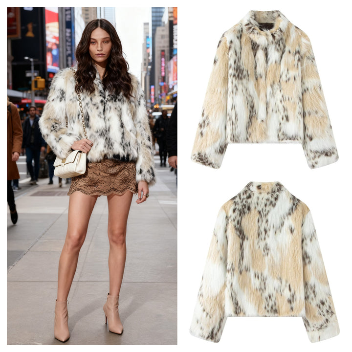Women's Cropped Faux Fur Jacket with Multicolored Spot Design and Stand Collar Mune Fashion