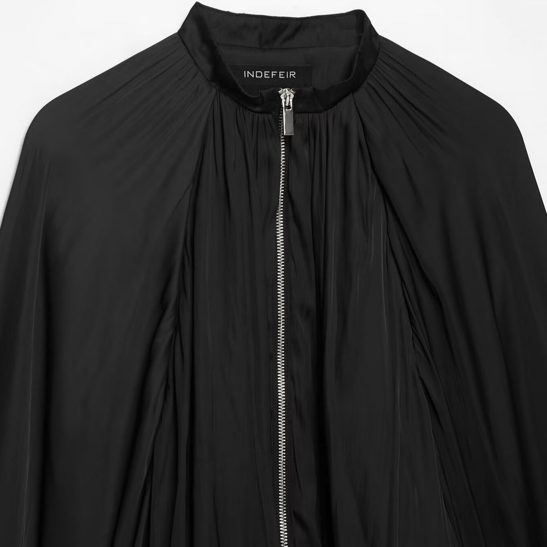 Women Pleated Cropped Cape Jacket with Zipper and Ballooned Hem Mune Fashion