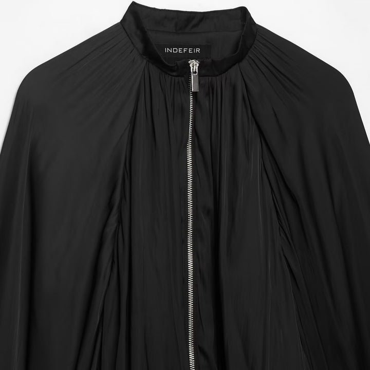 Women Pleated Cropped Cape Jacket with Zipper and Ballooned Hem Mune Fashion