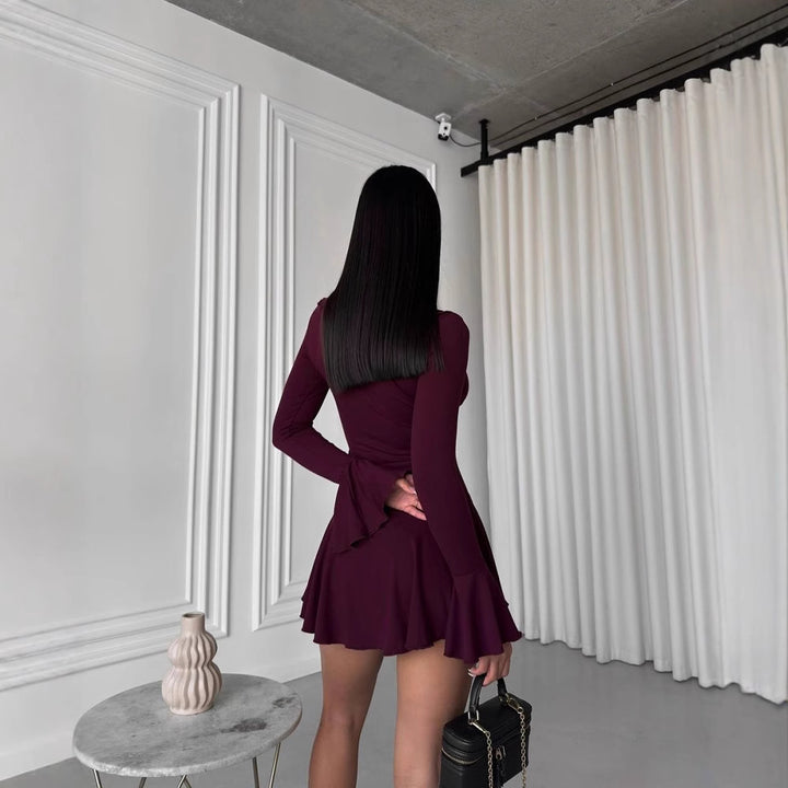 Women's Figure-Hugging Ruffled Mini Dress with V-Neck, Tie Band and Bell Sleeves Mune Fashion