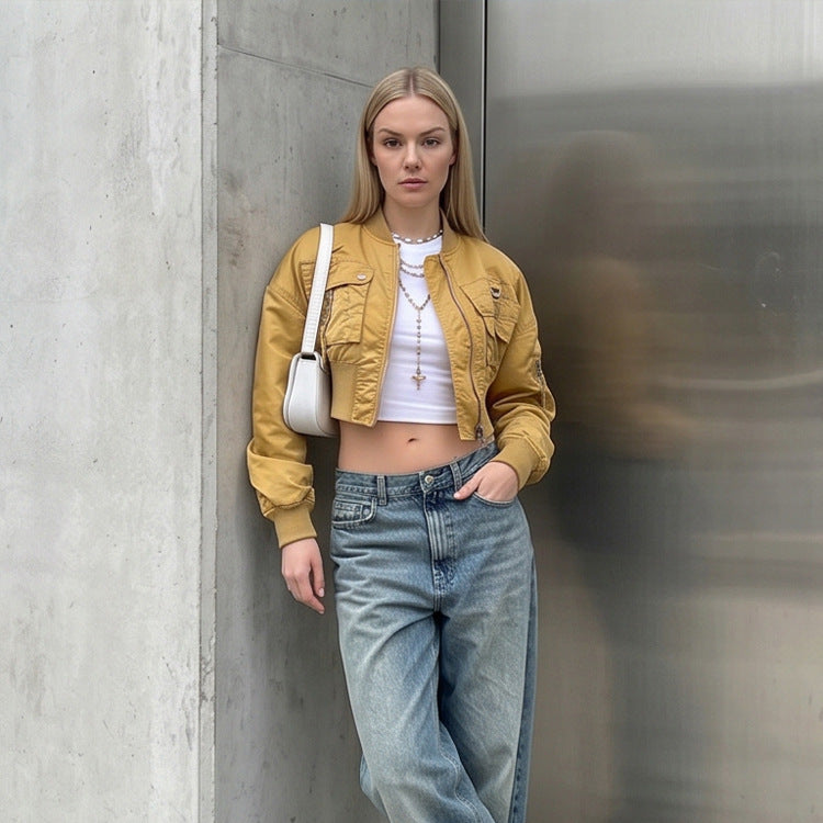 Women’s Short-Cut Utility Bomber Jacket with Practical Pockets and Ribbed Cuffs Mune Fashion