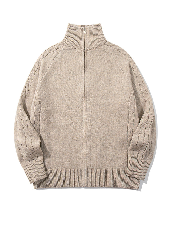 Men's bulky knit zip jacket with funnel collar, raglan sleeves, and cable pattern Mune Fashion