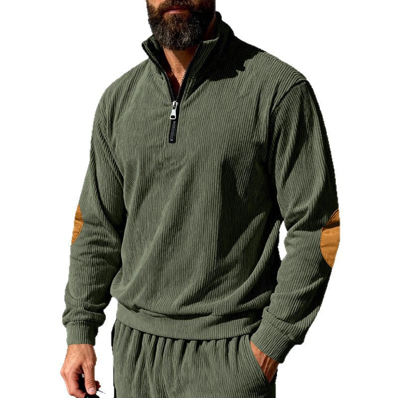 Men's cord structure half-zip pullover in relaxed fit with stand-up collar and elbow patch Mune Fashion