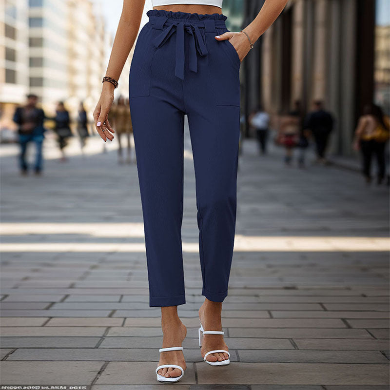 Women's Lightweight Paperbag Pants with Elastic Waistband, Tied Belt and Patch Pockets Mune Fashion