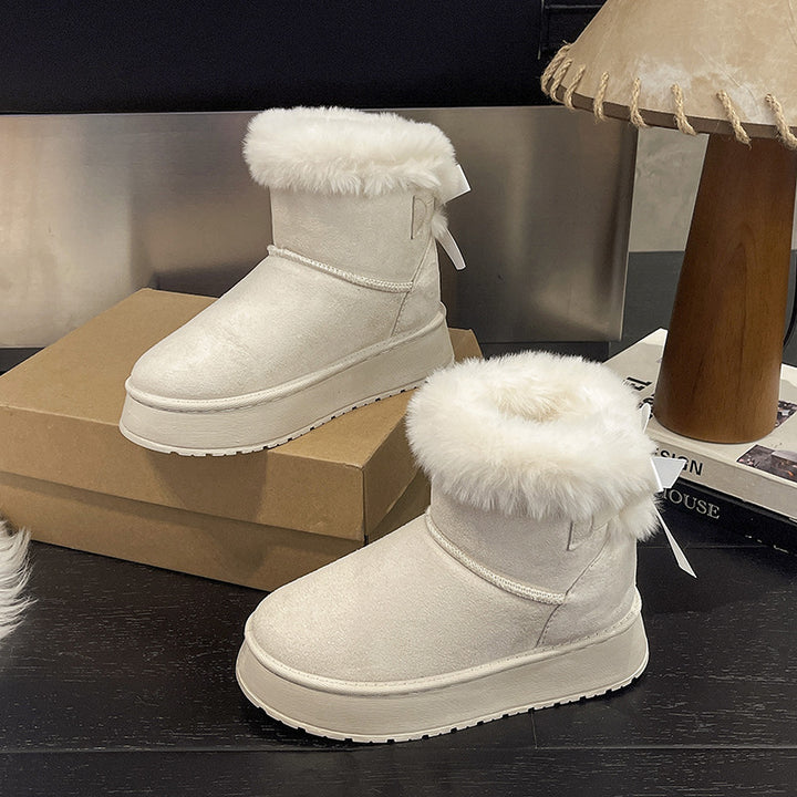 Women's Padded Short Boots with Faux Fur Cuff, Slip-Resistant Platform Sole and Bow Detail Mune Fashion