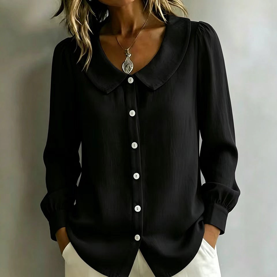 Women Loose Fit Blouse with Round Collar, Puff Sleeves and Pearl Button Placket Mune Fashion