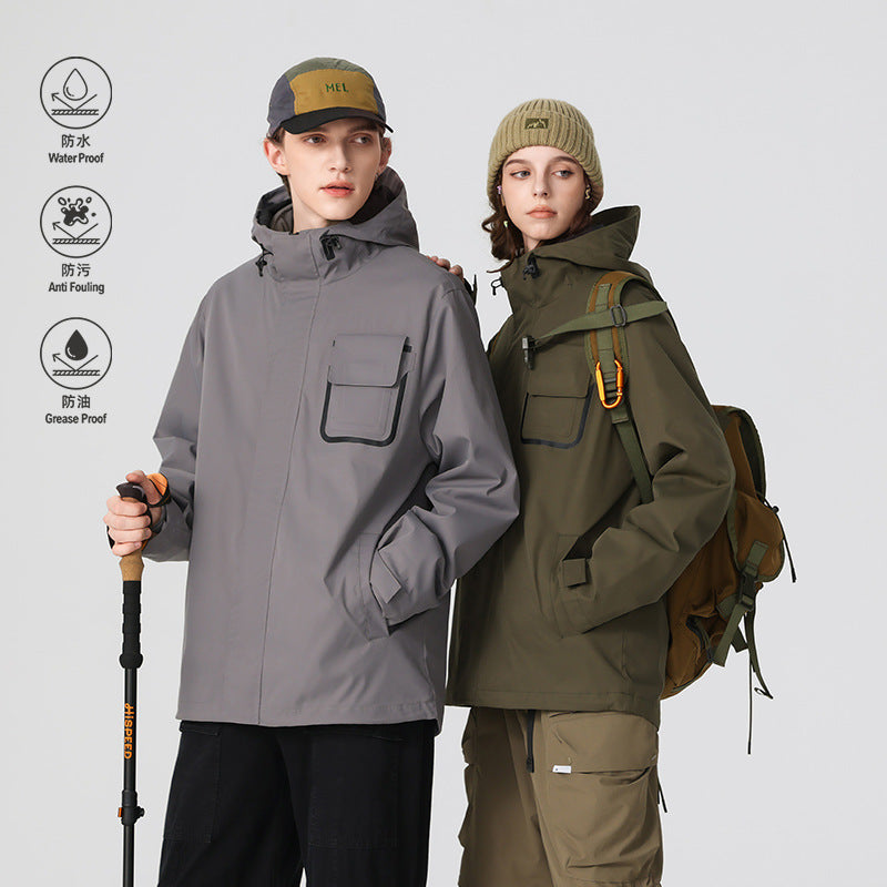 Men's waterproof utility outdoor jacket with concealed front, hood, and functional chest pocket Drune