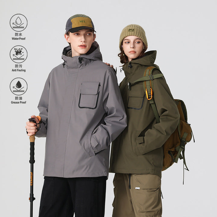 Men's waterproof utility outdoor jacket with concealed front, hood, and functional chest pocket Drune