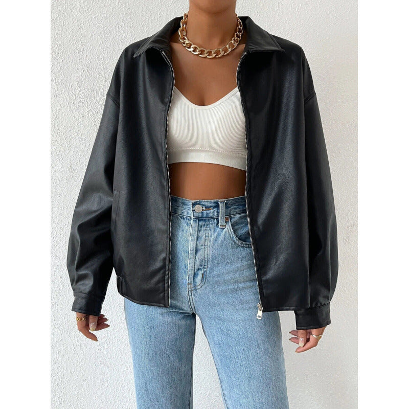 Women Oversized Faux Leather Blouson with Zipper and Shirt Collar Mune Fashion