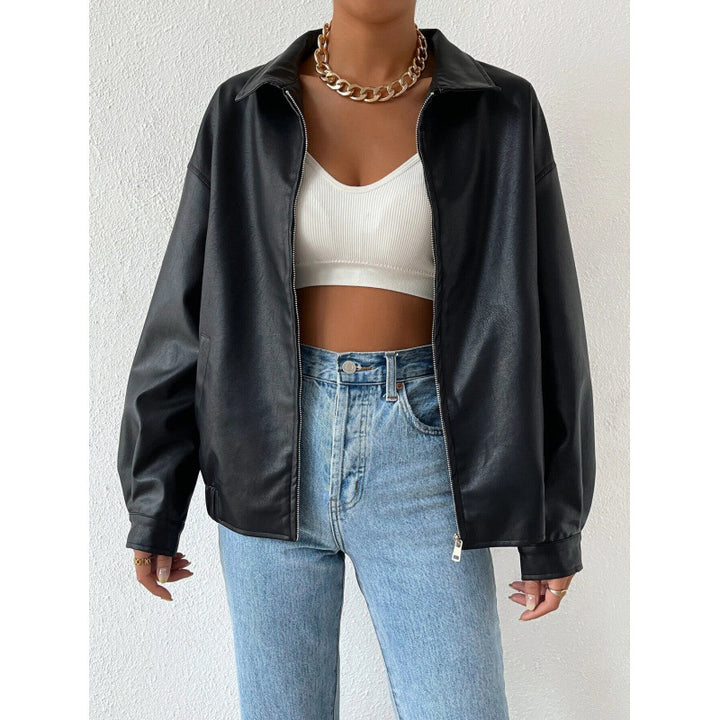 Women Oversized Faux Leather Blouson with Zipper and Shirt Collar Mune Fashion