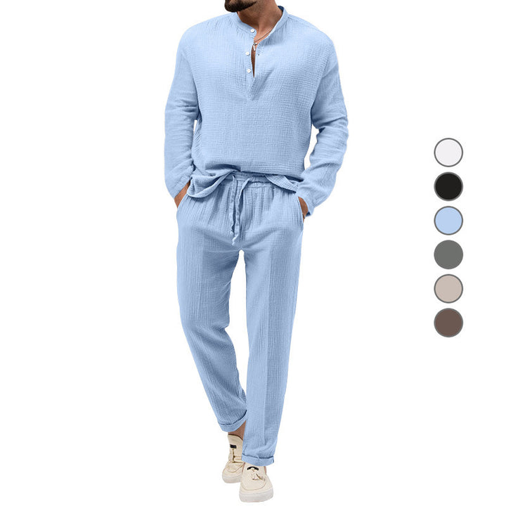 Men's Casual Two-Piece Lounge Set made of Cotton Gauze with Henley Top and Drawstring Pants Mune Fashion