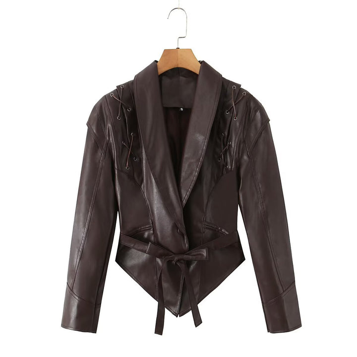 Women's tailored faux leather blazer with lacing details at the shoulders and tie belt Mune Fashion