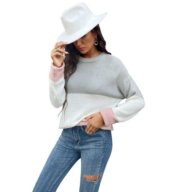 Women's Oversized Waffle Knit Sweater with Block Stripe Optics, Raglan Sleeves and Ribbed Cuff Mune Fashion