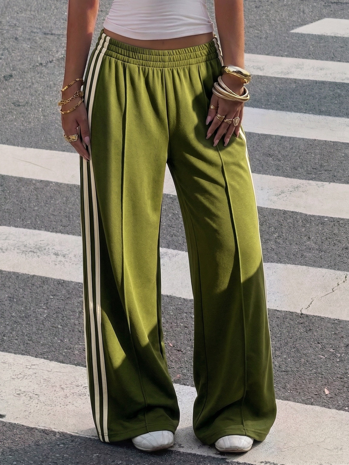 Women's Wide Training Pants with Elastic Waistband and Contrast Stripes Mune Fashion