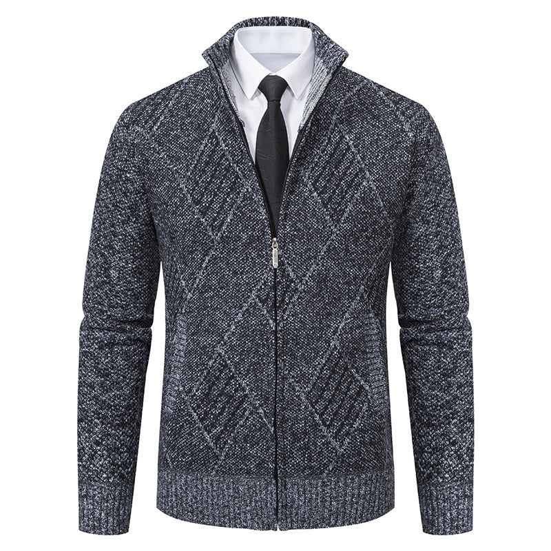 Men's fine knit zip jacket with structured diamond pattern, stand-up collar and continuous zipper Mune Fashion