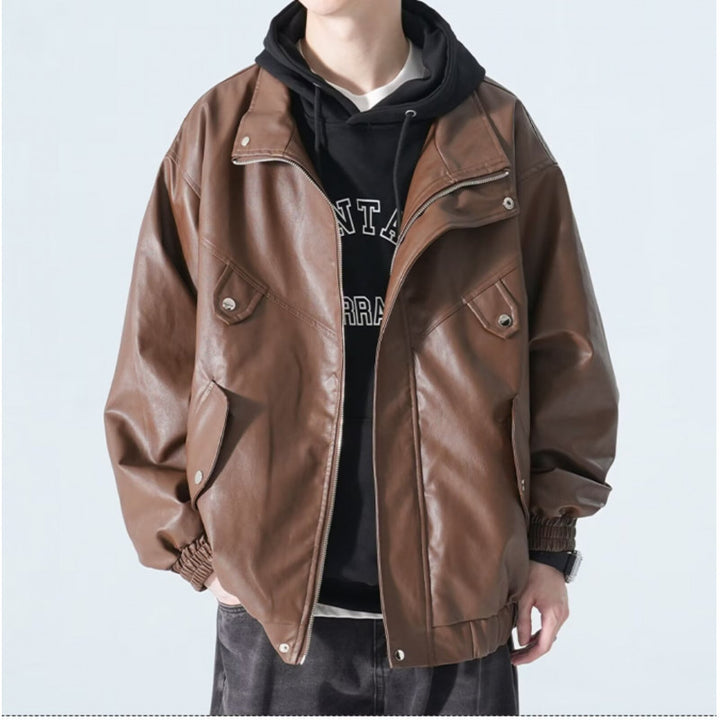Men's Oversized Faux Leather Bomber Jacket with Stand Collar, Flap Pockets and Elastic Hem Mune Fashion