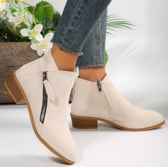 Women's classic ankle-high micro velvet ankle boots with side zipper and low block heel Mune Fashion