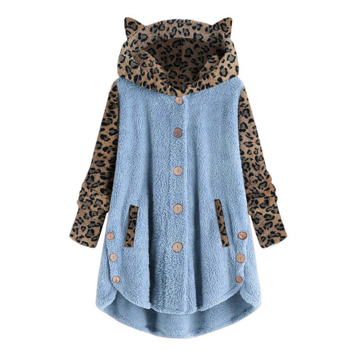 Women's teddy coat with hood, button placket, and contrasting leopard sleeves Mune Fashion