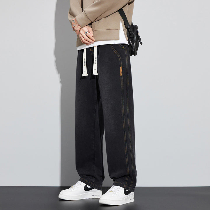 Men's Wide Denim Pants in Lounge Style with Drawstring Waist and Straight Leg Mune Fashion