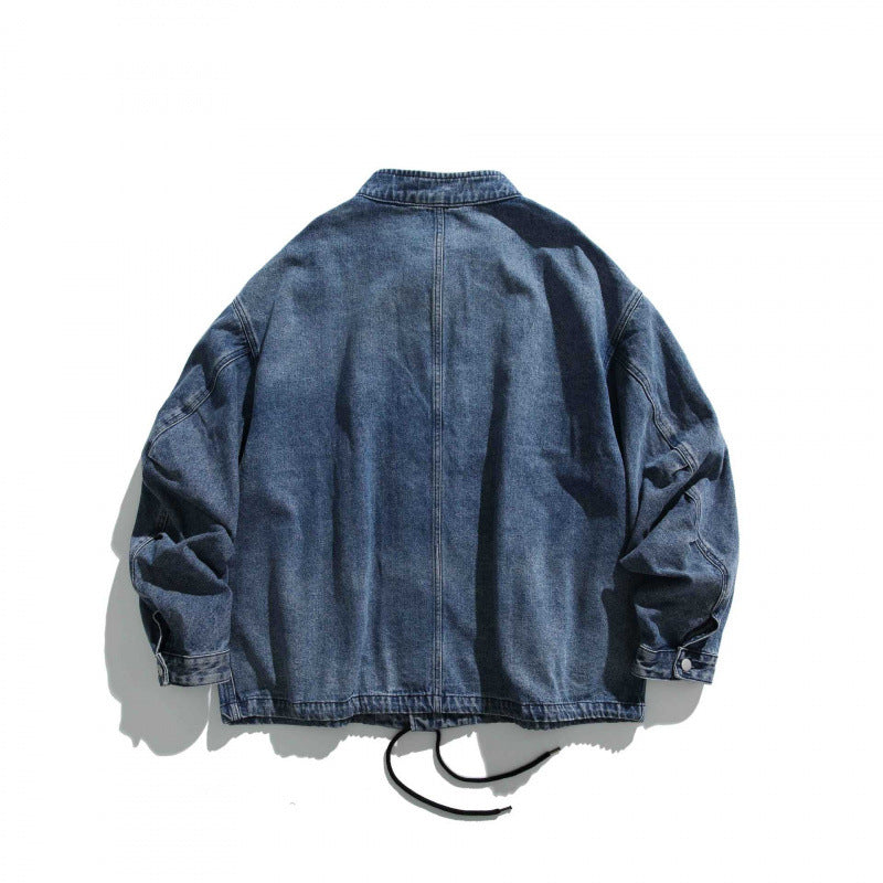 Men's Oversized Jeans Jacket with Stand Collar, Flap Pockets and Drawstring Mune Fashion
