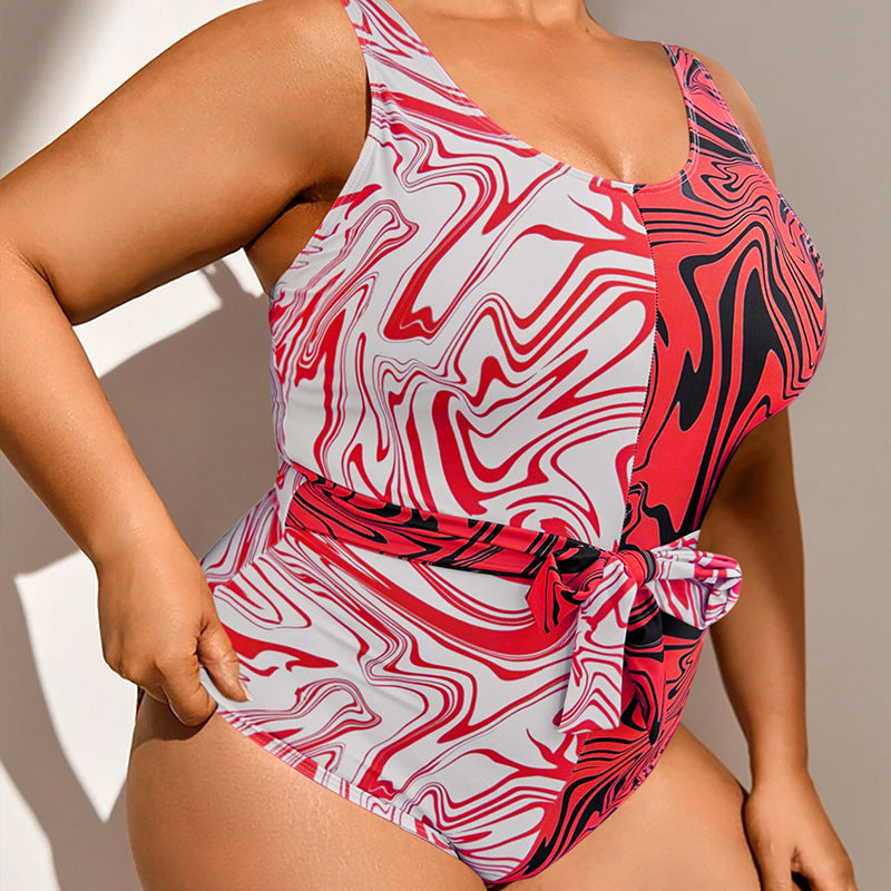 Women's One-Piece Swimsuit with Exciting Marble Pattern and Shaping Belt Mune Fashion