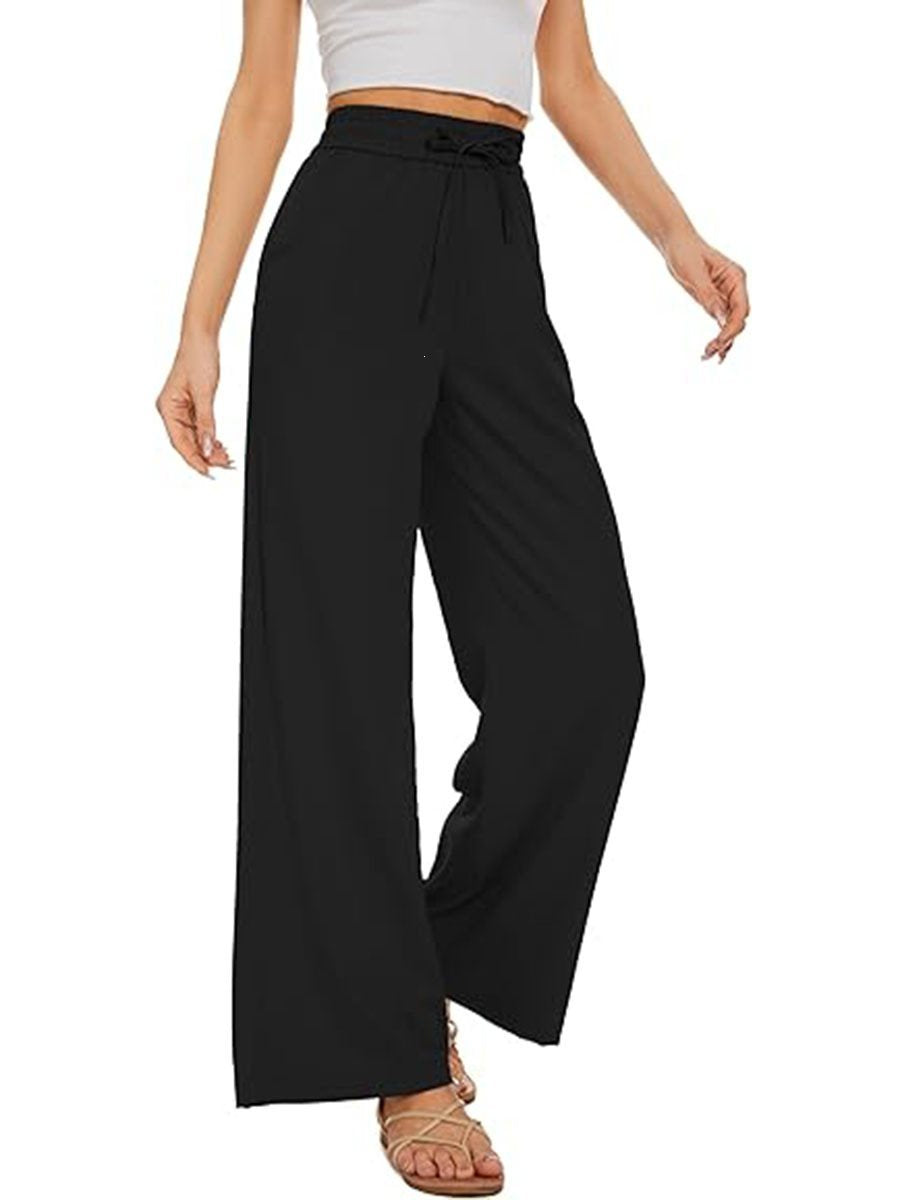 Women's wide linen pants with high elastic waistband, drawstring, and side pockets Mune Fashion