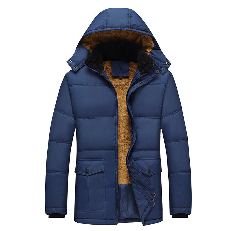 Men's Long Thermal Insulated Quilted Parka with Teddy Lining, Hood, and Flap Pockets