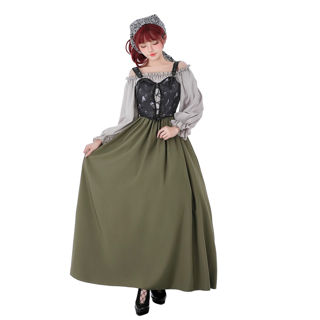 Women's Renaissance-inspired maxi dress with lace-up corset and off-the-shoulder sleeves Mune Fashion