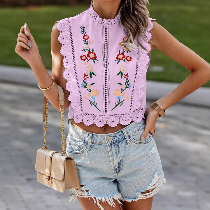 Women Embroidered Lace Cropped Top with Stand-Up Collar and Crochet Edges Mune Fashion