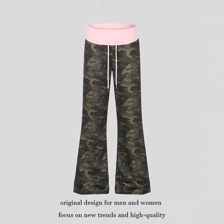 Women's Palazzo lounge pants with high rolled waistband, drawstring, and camouflage pattern Mune Fashion