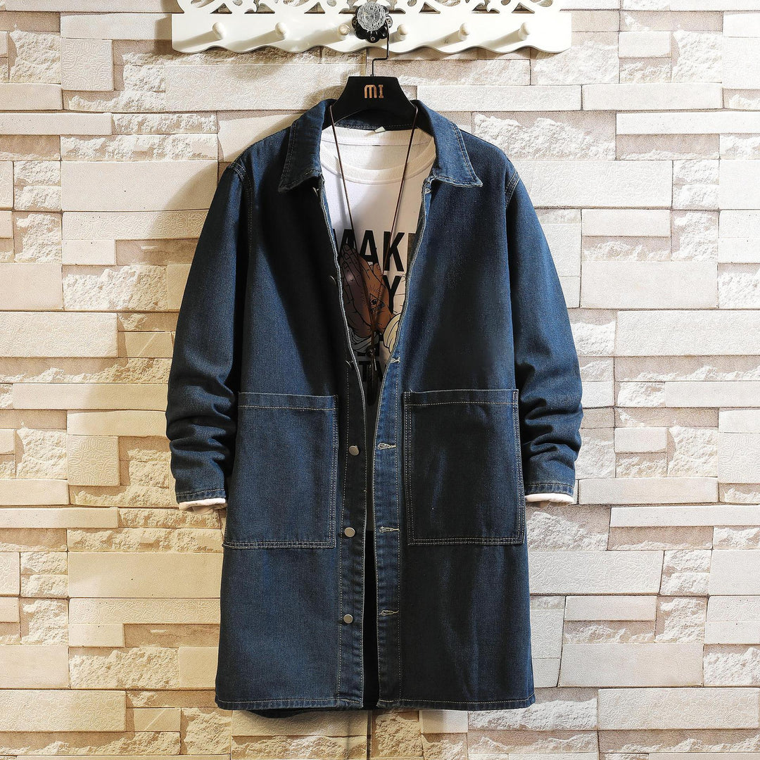 Men's long overshirt coat made of denim with snap button placket and patch pockets Mune Fashion