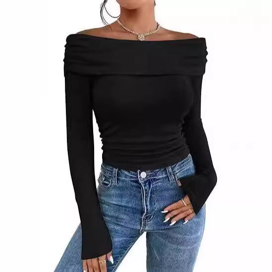 Women's Figure-hugging Off-shoulder Long Sleeve Fine Knit Shirt with Bardot Neckline