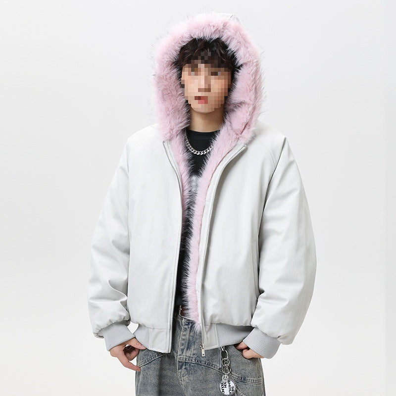 Men's quilted hooded bomber jacket in oversized look with contrasting faux fur lining Mune Fashion