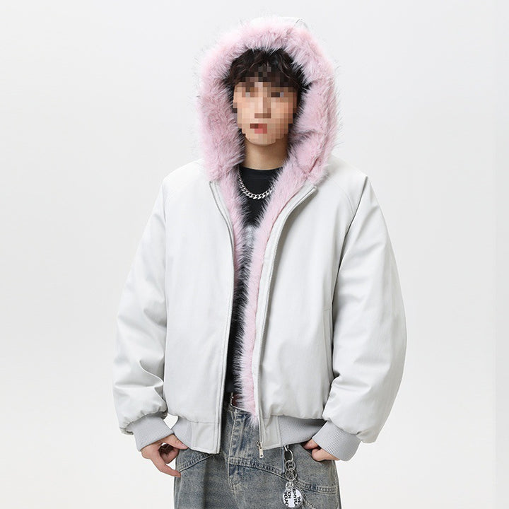 Men's quilted hooded bomber jacket in oversized look with contrasting faux fur lining Mune Fashion