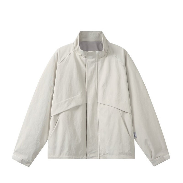 Men's lightweight transitional jacket in minimalist field style with high standing collar and hidden front flap Mune Fashion