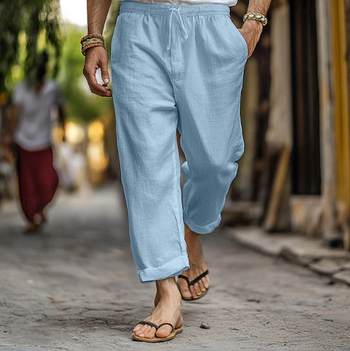 Men's casual linen jogger pants with elastic drawstring waistband, side pockets, and rollable hem Mune Fashion