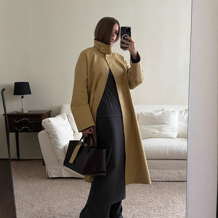 Ladies Maxilong Oversize Trench Coat with Stand Collar and Concealed Snap Placket Mune Fashion