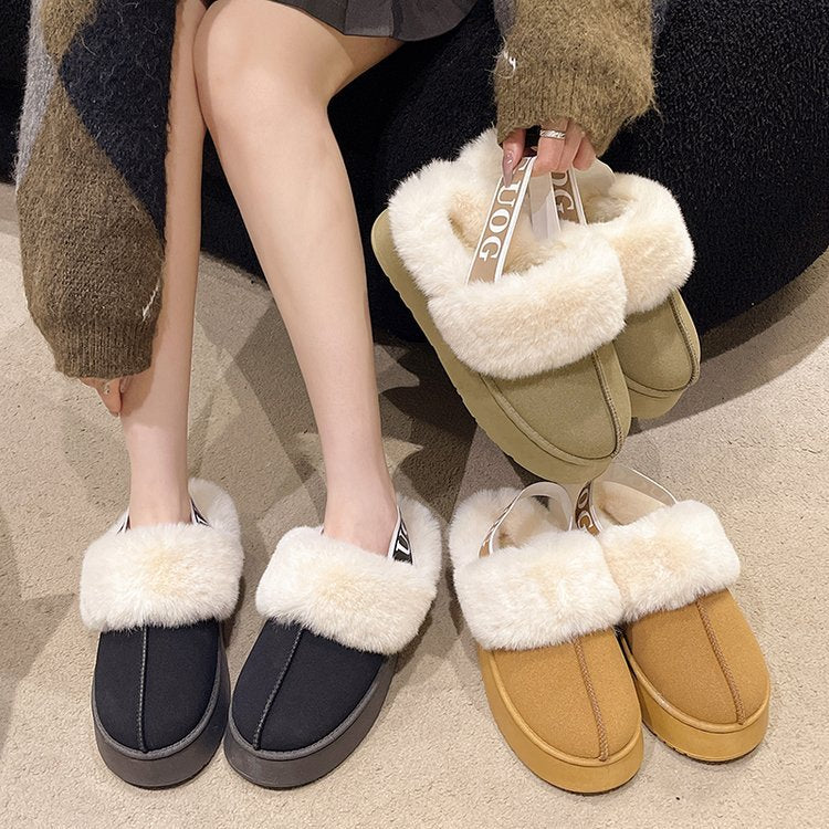 Women's Fur-Lined Slingback Slippers with Elastic Brand Strap and Light Platform Sole Mune Fashion
