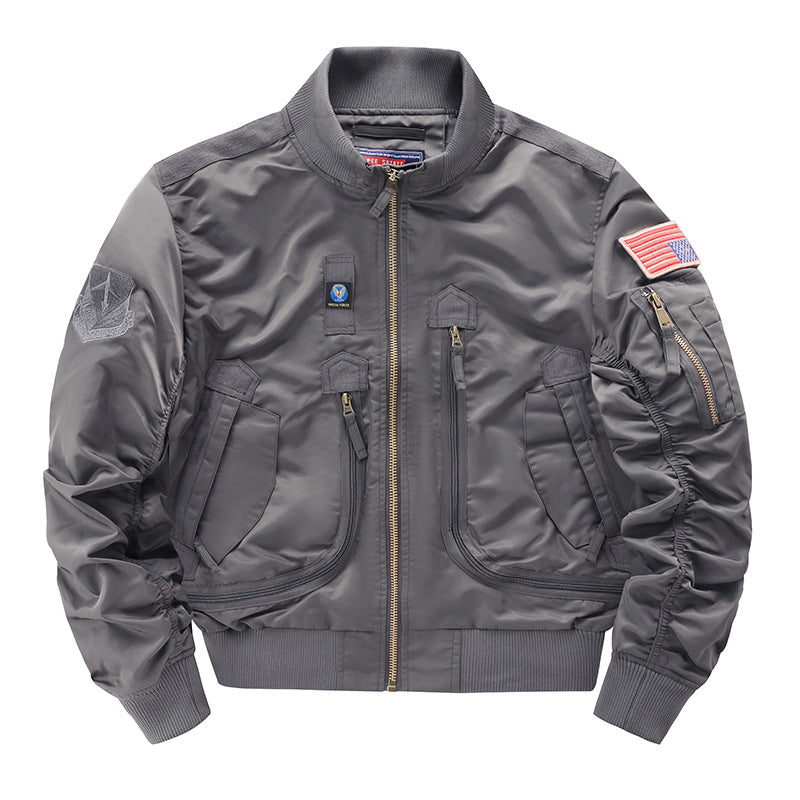 Men's  pilot-style cropped utility flight bomber with multi-zip pockets and ribbed collar Mune Fashion