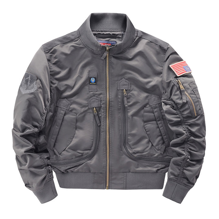 Men's  pilot-style cropped utility flight bomber with multi-zip pockets and ribbed collar Mune Fashion