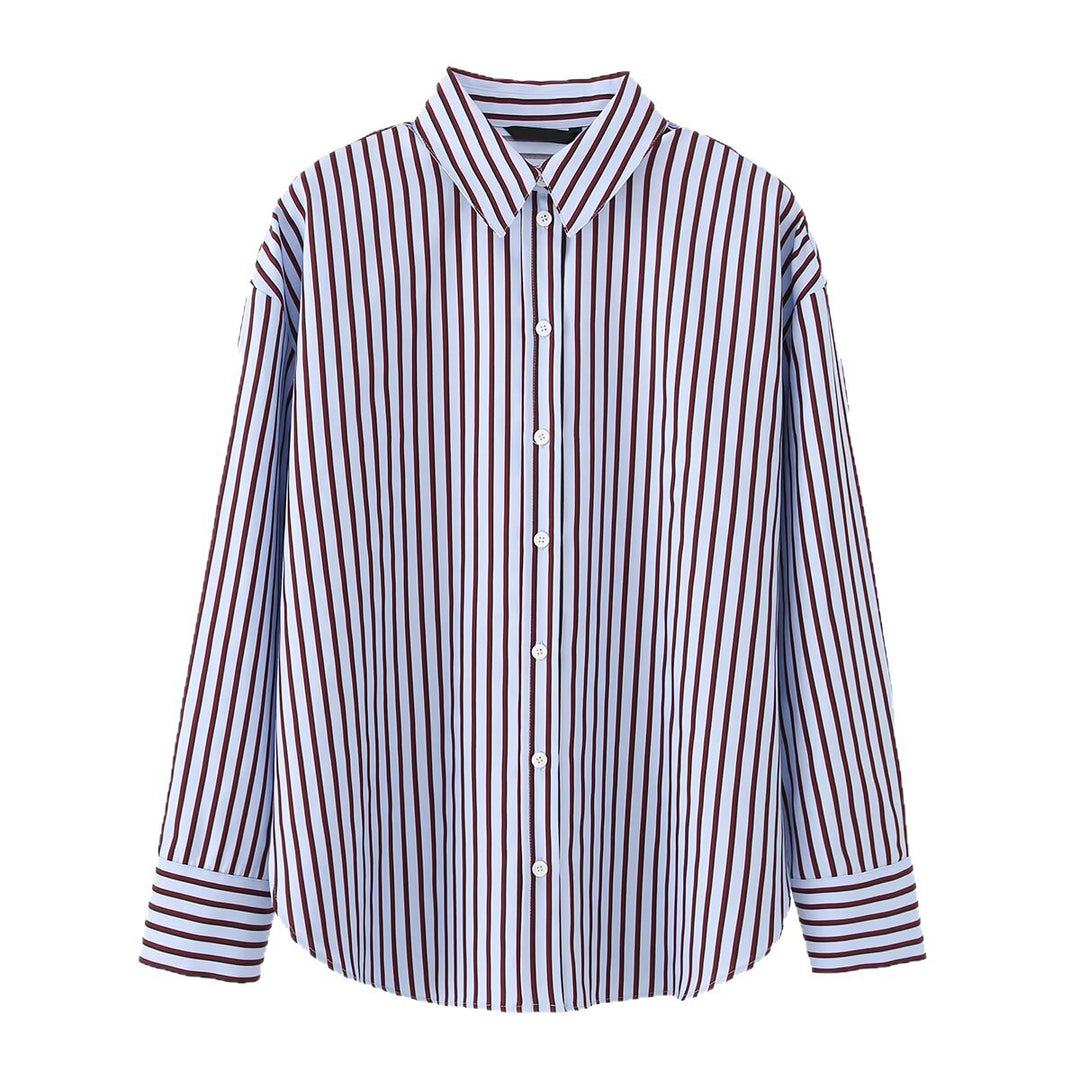 Women Striped Oversized Shirt Blouse with Kent Collar and Long Cuffs Mune Fashion