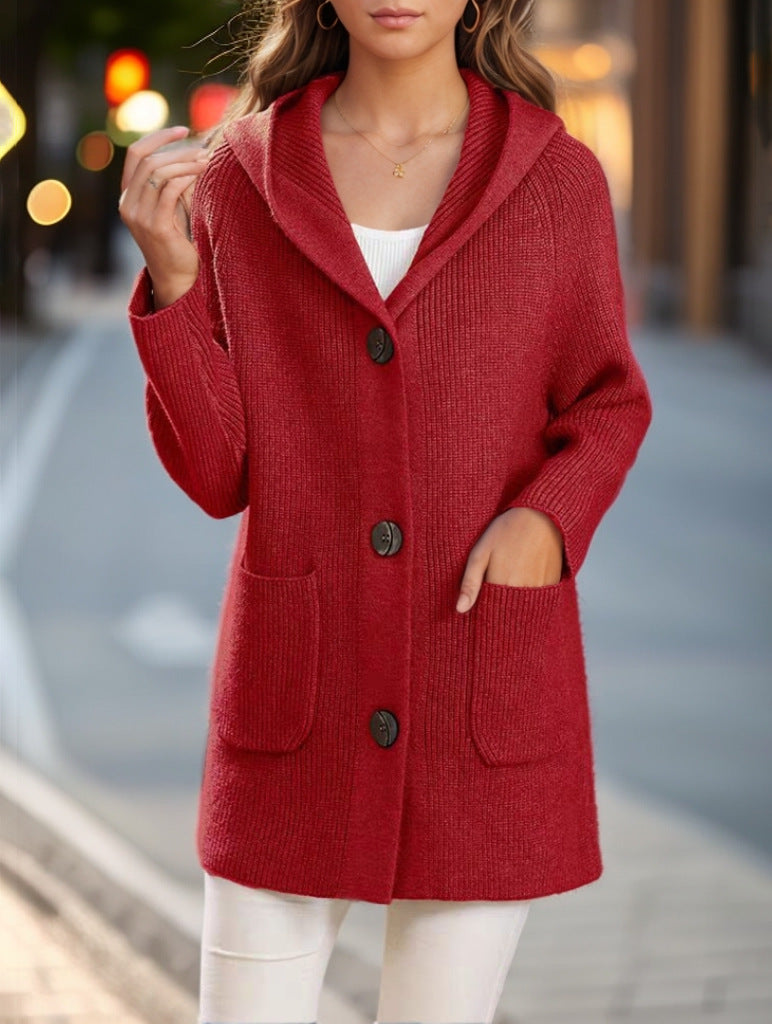 Women's long ribbed hooded cardigan with patch pockets and distinctive buttons Mune Fashion