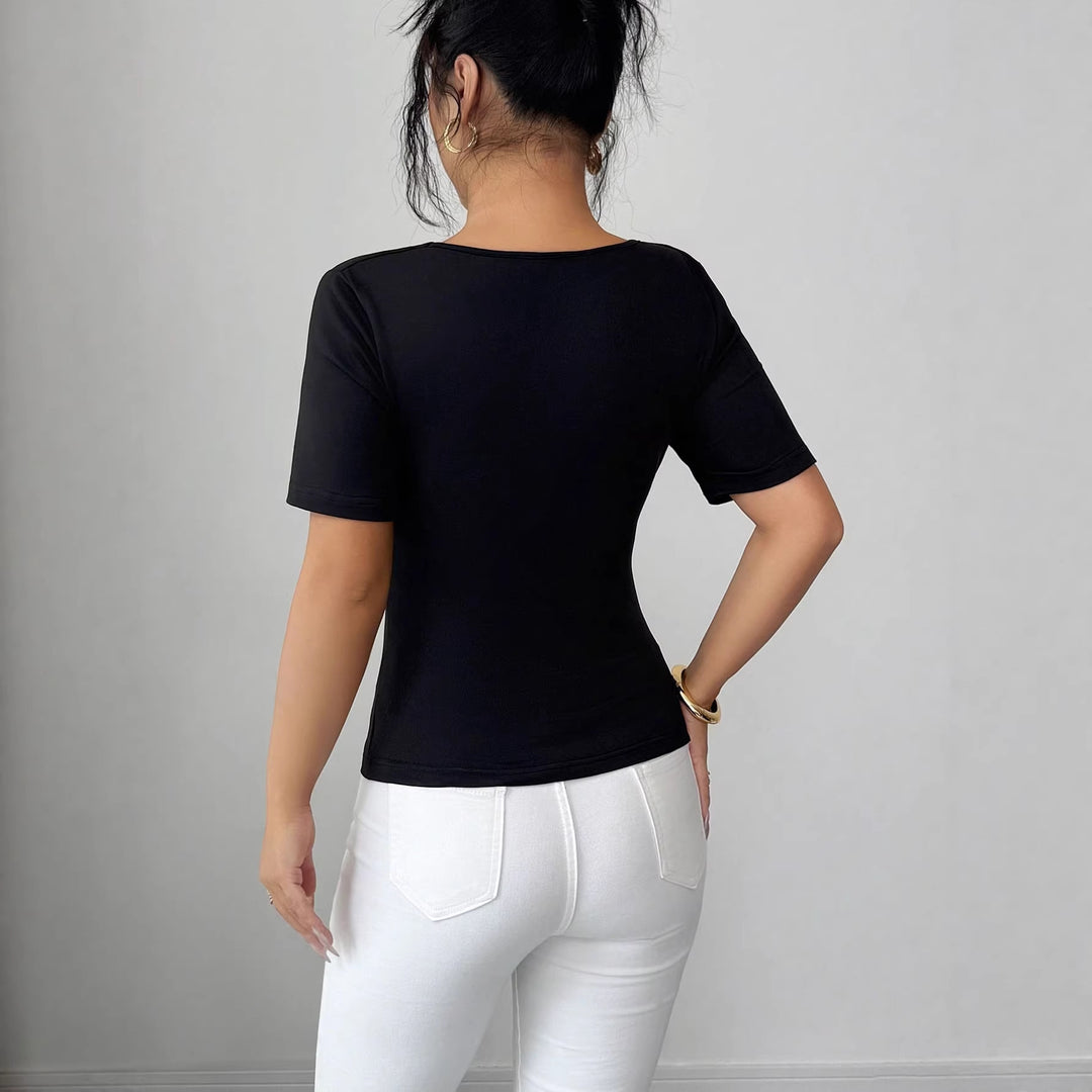 Women nan draped Cropped Top with heart-shaped decorative buckle and Cut-Out Mune Fashion