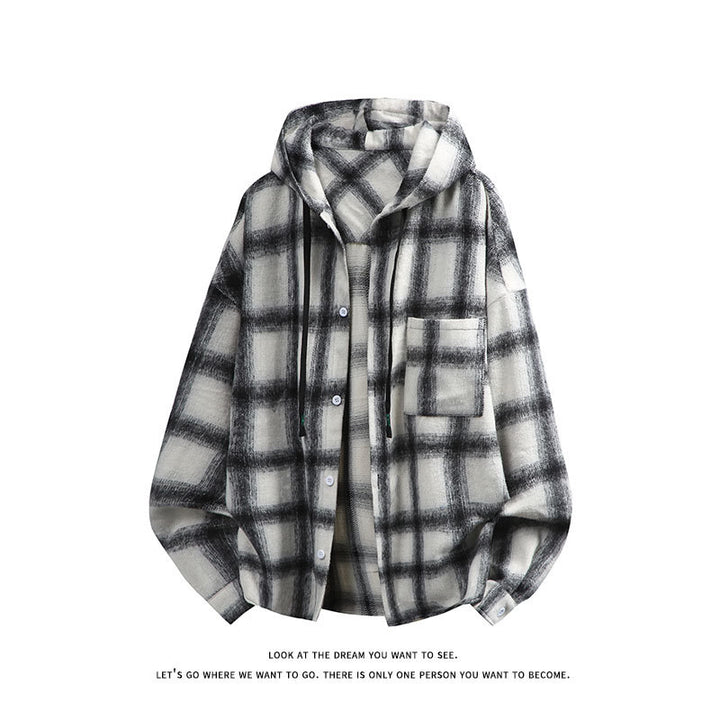 Unisex oversized flannel hooded shirt jacket with check pattern and chest pocket Mune Fashion