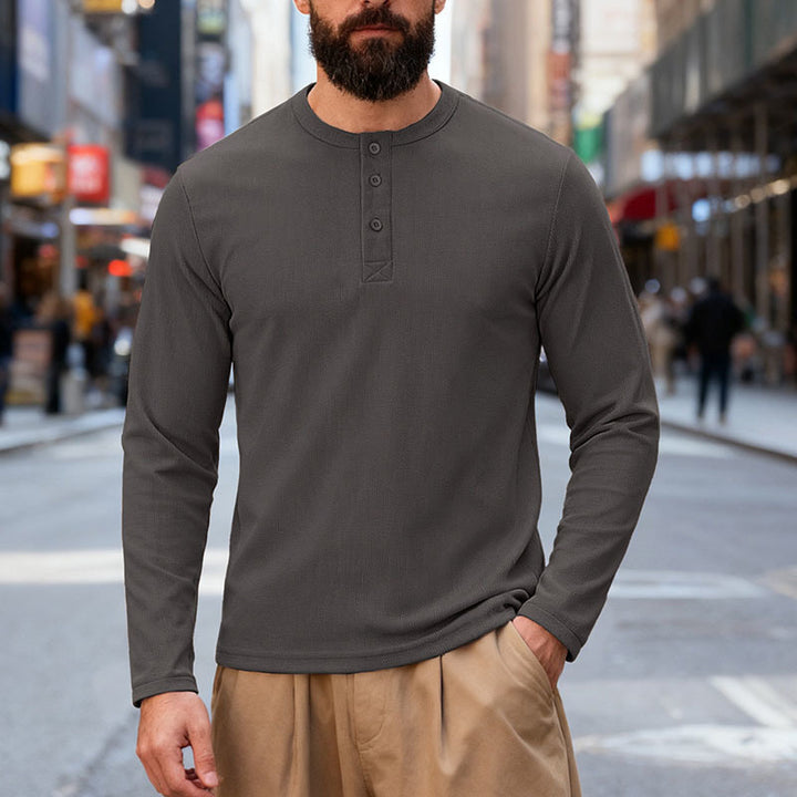 Men's nan Thermo-Henley-Long Sleeve Shirt with Waffle Structure, Round Neckline and Button Placket Mune Fashion