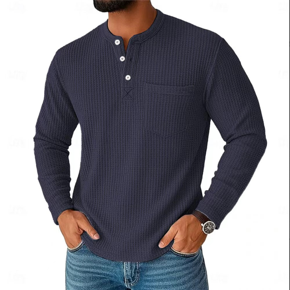 Men's long sleeve Henley with waffle structure and chest pocket thermal long sleeve shirt Mune Fashion